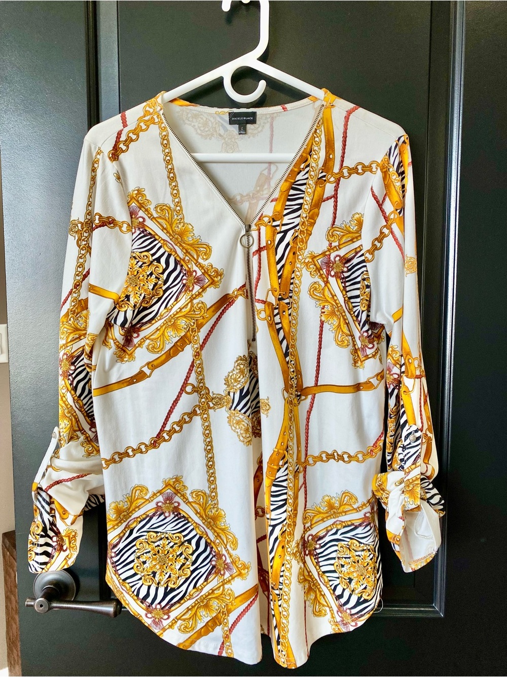 White Blouse with Gold Chain and Black Zebra Print